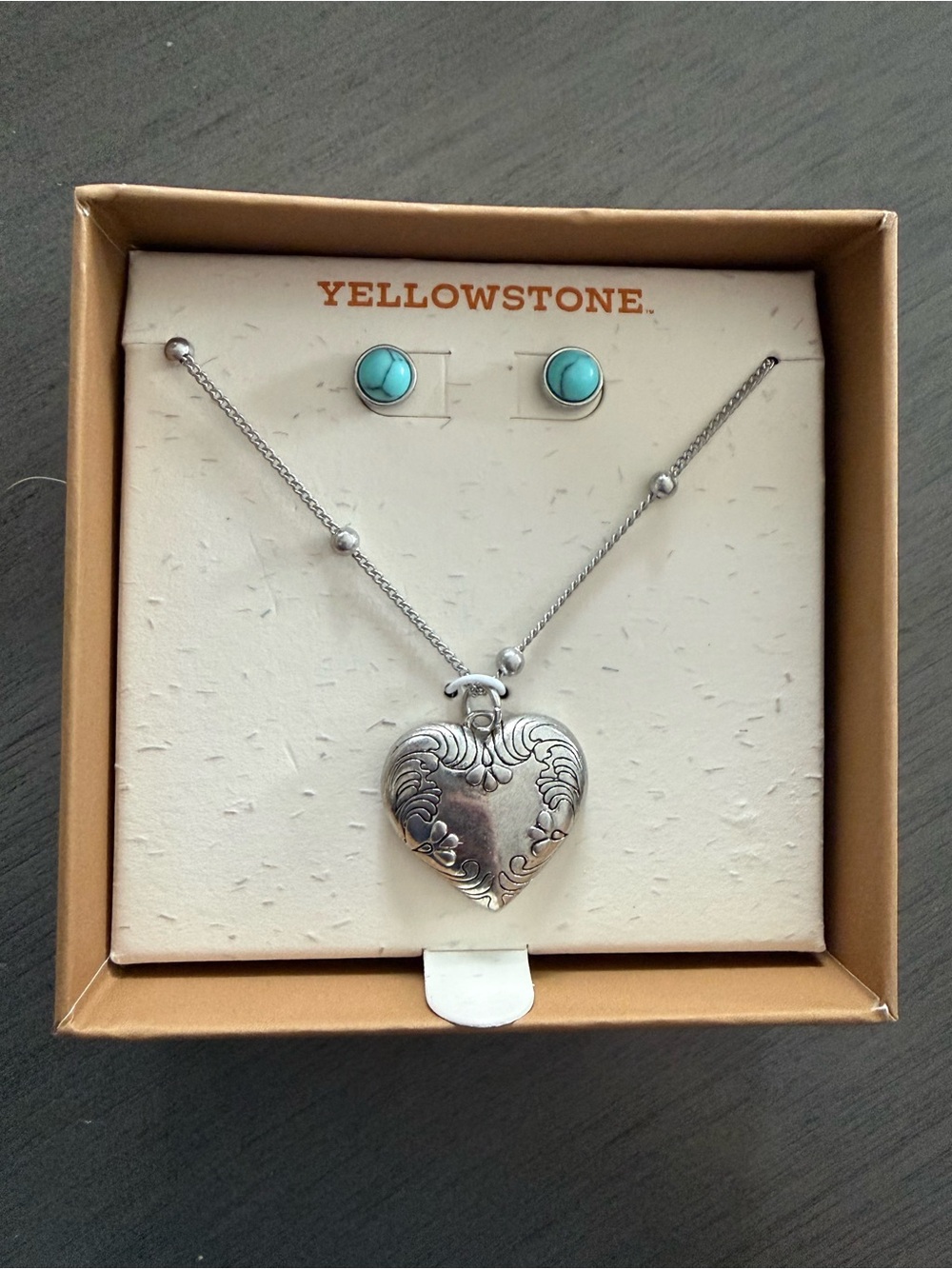 Yellowstone Silver Heart Locket Necklace with Turquoise Stud Earrings - Picture 2 of 4
